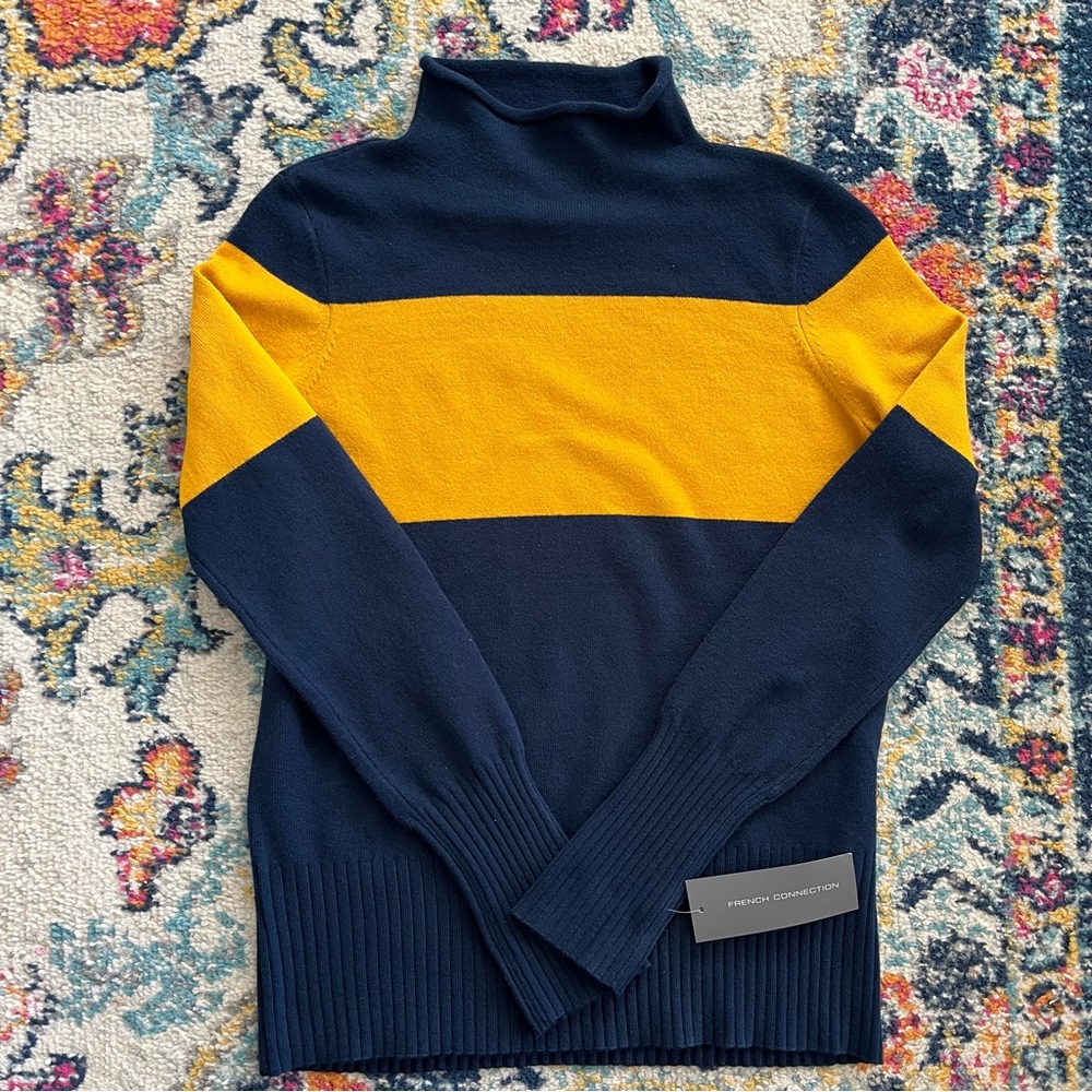 French Connected Navy Gold Block Stripe Mock Neck Sweater Size Small NWT
